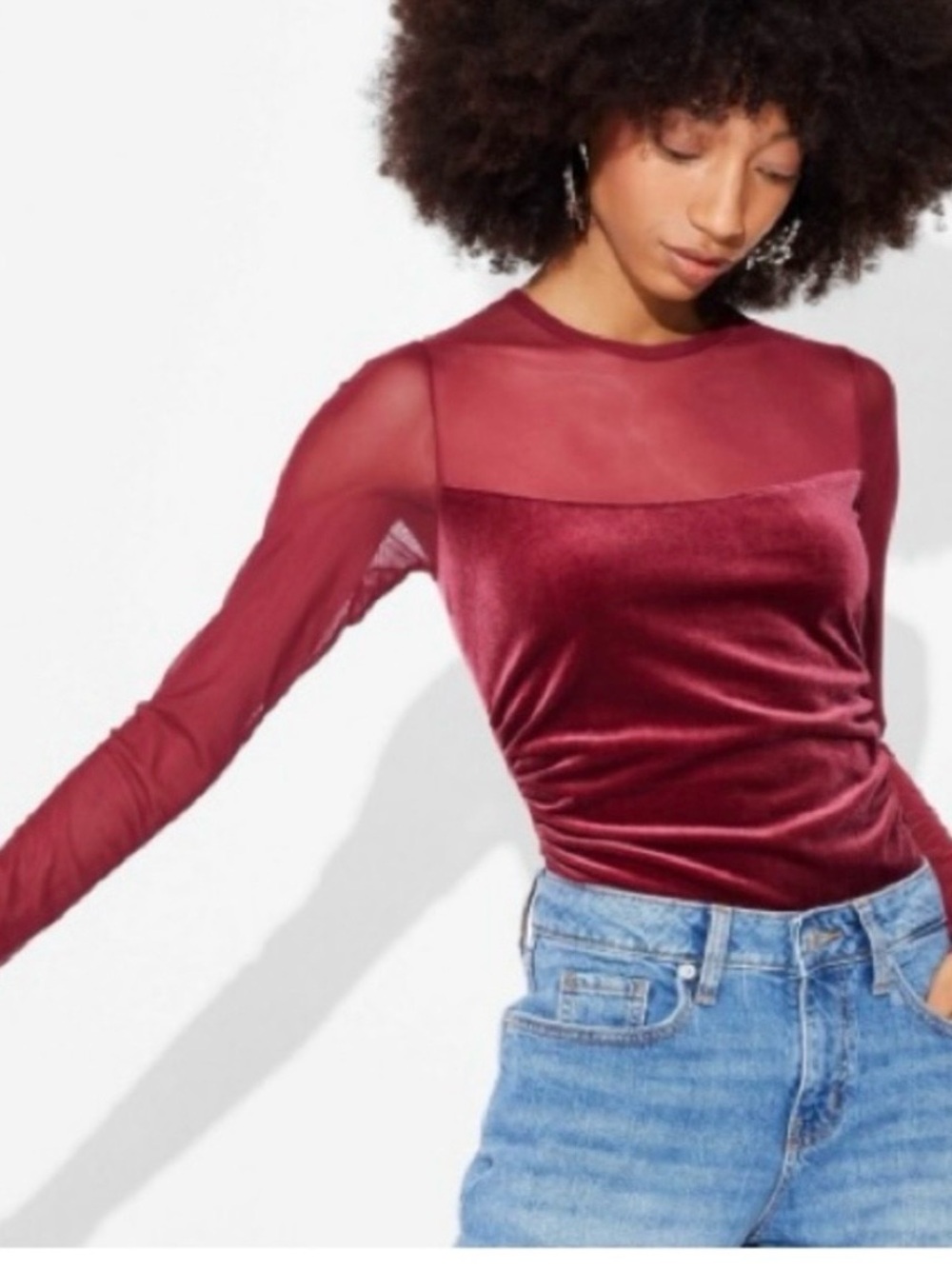 Wild Fable Women's Long Sleeve Mesh to Velour Party Top Cherry Red 
Size XXS nee